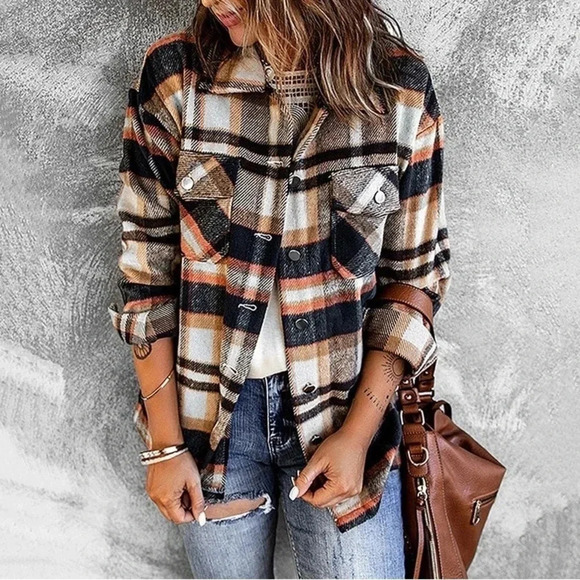 Jackets & Blazers - Plaid Flannel Oversized Button Up Shirt Jacket